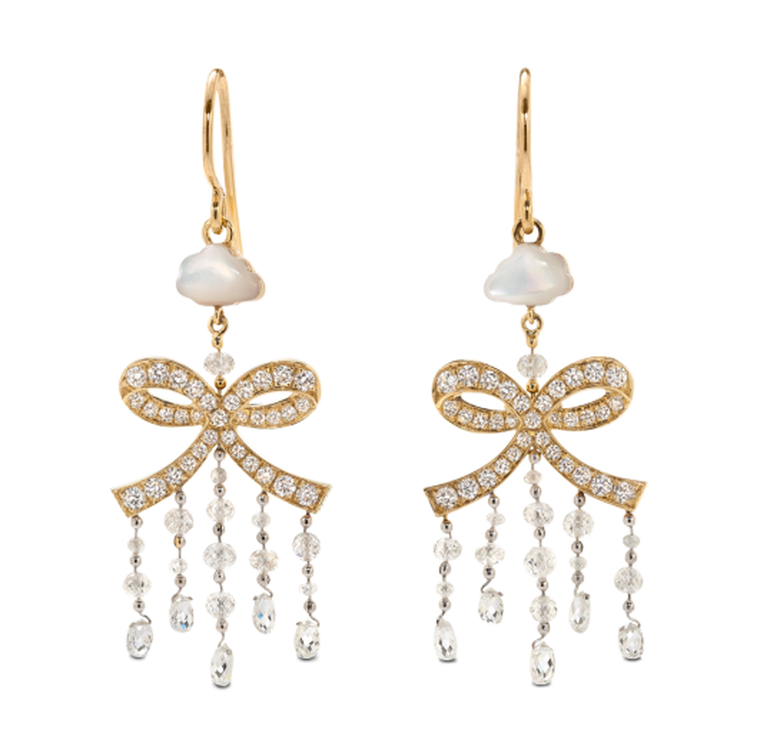Solange Azagury-Partridge Rain Bow earrings, with pavé diamond bows and mother-of-pearl clouds.